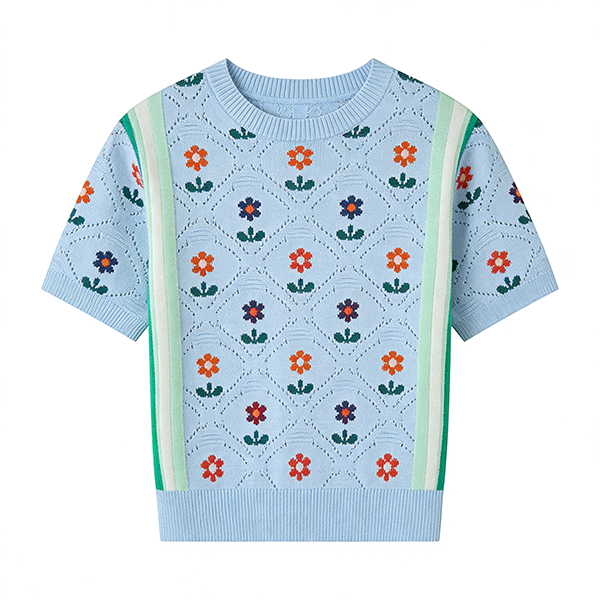 Light Blue Floral-Patterned Openwork Short-Sleeve Knit Top