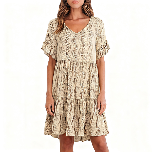 Beige Textured Ruffled Sleeve Tiered Dress