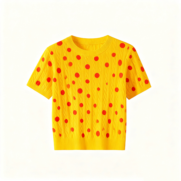 Yellow Cable-Knit Short-Sleeve Top with Red Polka Dots
