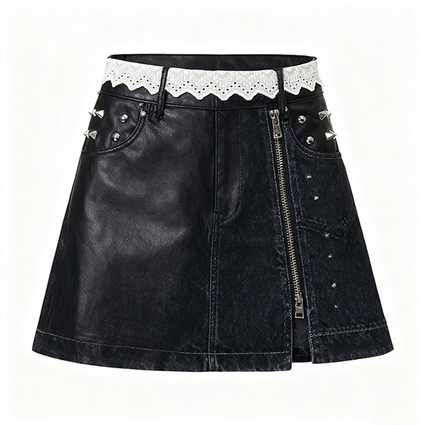 Black Leather-Denim Patchwork Mini Skirt with Studs