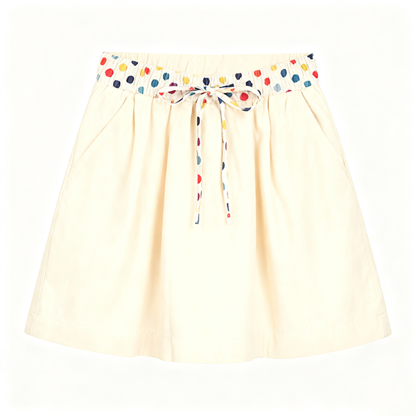 Beige Cotton Mini Skirt with Colorful Polka-Dot Waist