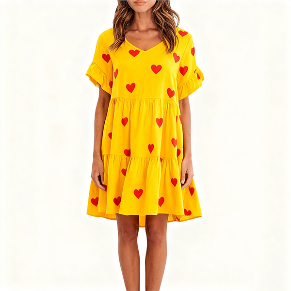Yellow & Red Heart Print Ruffled Sleeve Tiered Dress