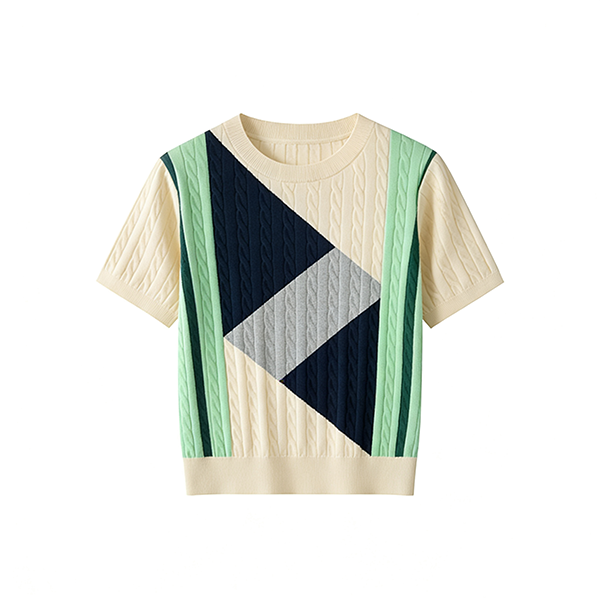 Cream Cable-Knit Short-Sleeve Sweater with Geometric Color Block Design