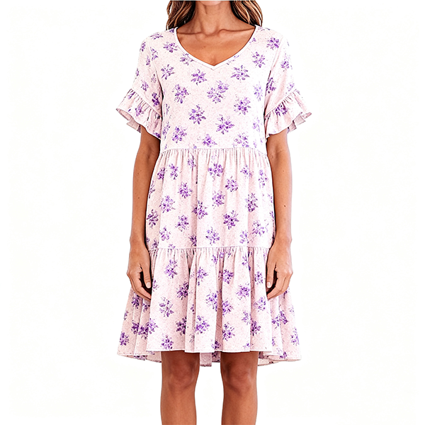 Light Pink & Purple Floral Print Ruffled Sleeve Tiered Dress