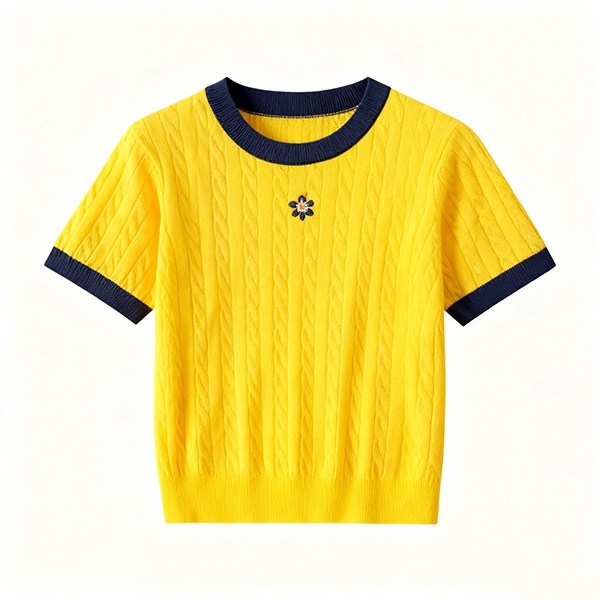 Yellow Cable-Knit Short-Sleeve Top with Navy Trim & Flower Embroidery