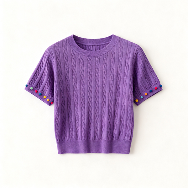 Purple Cable-Knit Short-Sleeve Top with Colorful Pom-Pom Cuffs