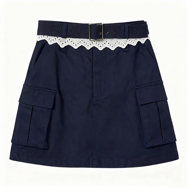 Navy Cargo Skirt with Belt & Lace Waist