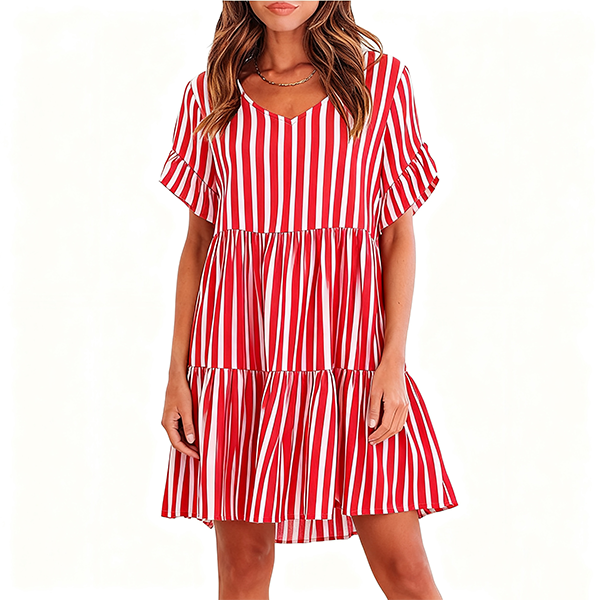 Red & White Striped Ruffled Sleeve Tiered Dress