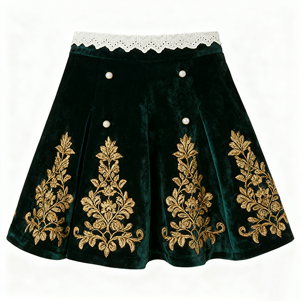 Dark Green Velvet Skirt with Gold Embroidery & Pearl Buttons