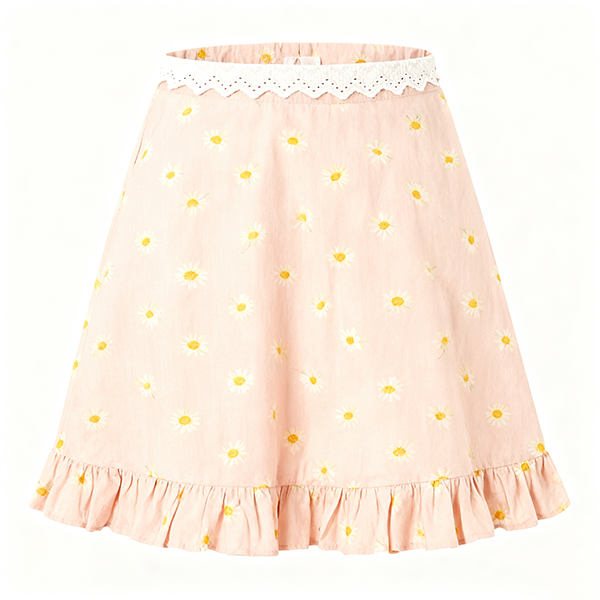 Pink Daisy Print Skirt with Ruffled Hem & Lace Waist