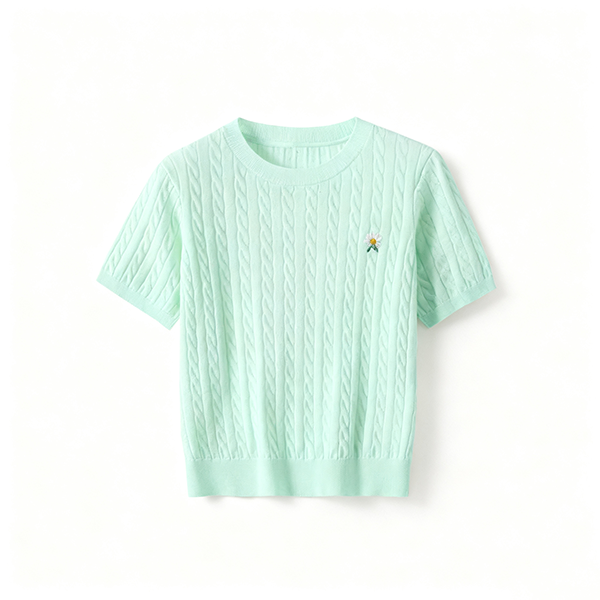 Mint Green Cable-Knit Short-Sleeve Top with Daisy Embroidery