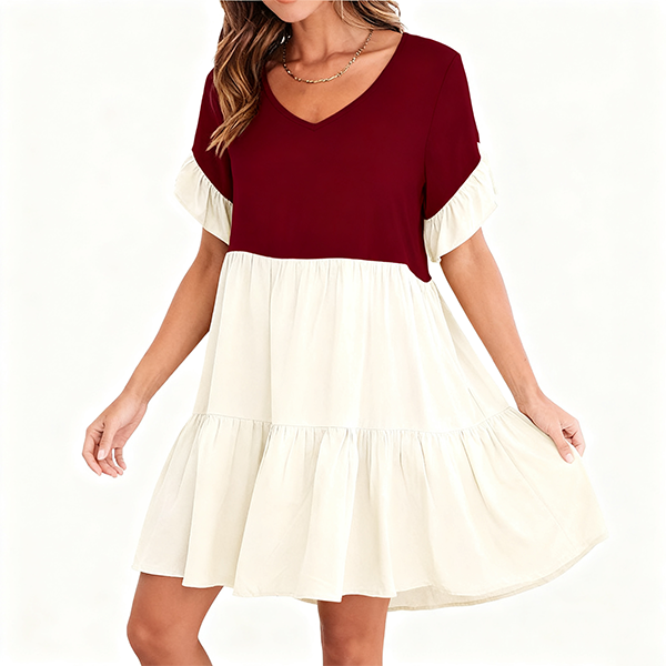 Burgundy & Cream Color-Block Ruffled Sleeve Tiered Dress