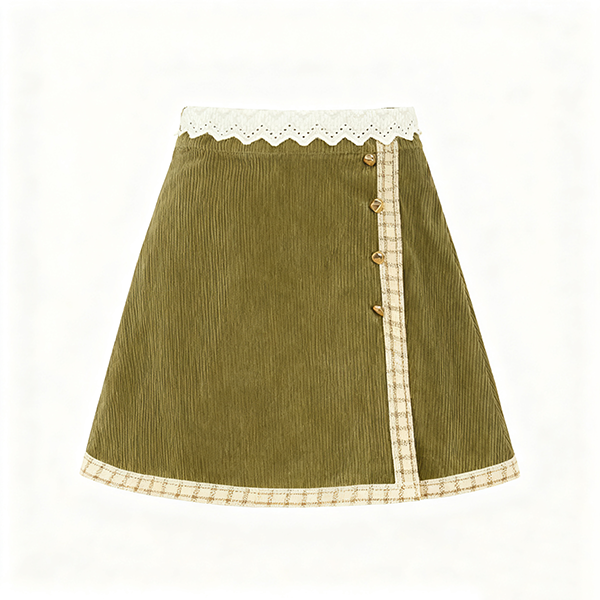 Olive Green Corduroy Skirt with Plaid Trim