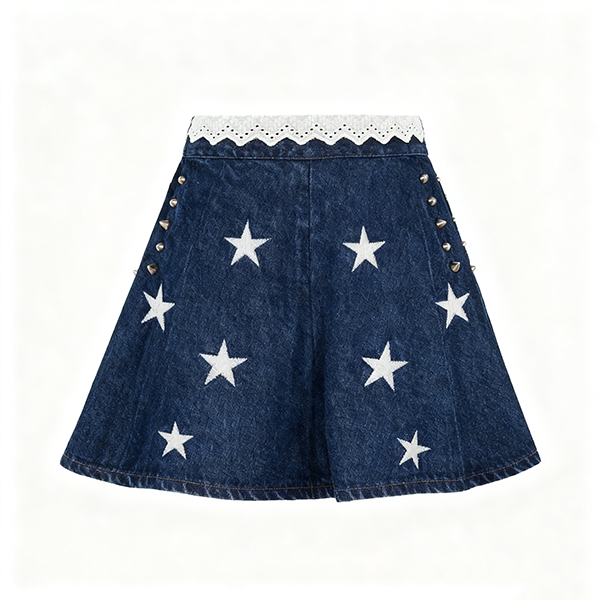 Dark Blue Denim Skirt with White Stars & Stud Details