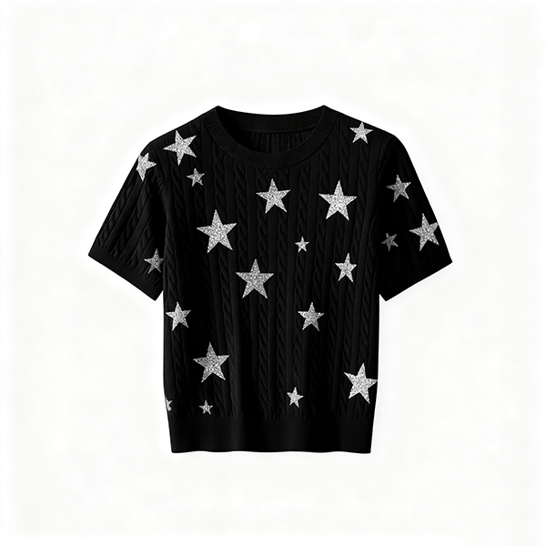 Black Cable-Knit Short-Sleeve Top with Silver Star Embellishments