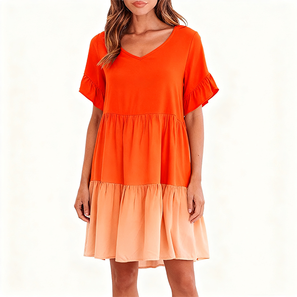 Orange to Peach Ombre Ruffled Sleeve Tiered Dress