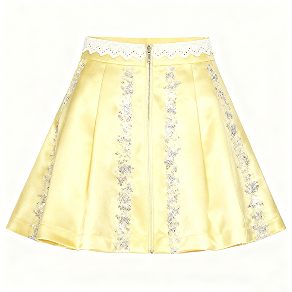 Yellow Satin Skirt with Silver Sequin Accents & Lace Waist