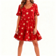 Red & Gold Star Print Ruffled Sleeve Tiered Dress